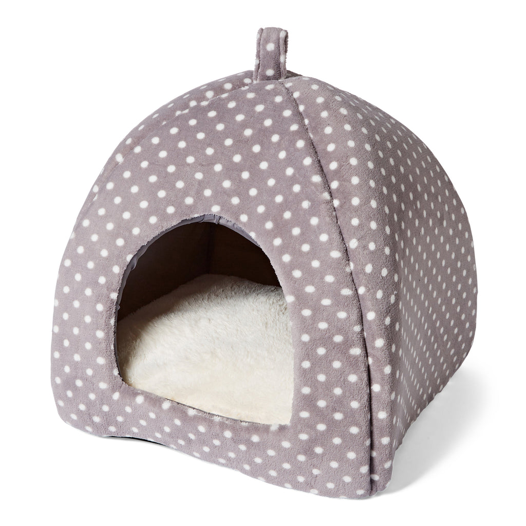 Grey Spotty Igloo Cat Bed – Cozy Den-Style Hideaway for Cats